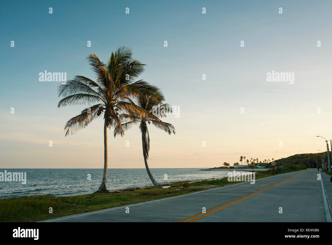 Am malerischen Ufer mit Palmen entlang der Küstenstraße. Die Insel San Andrés, Kolumbien. Okt 2018 Stockfoto