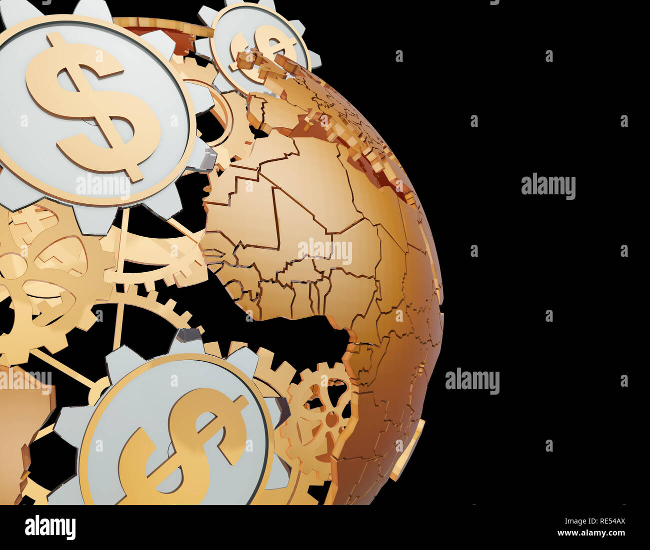 Technologie der Erde und Zahnräder, Global Financial Wealth, Währungssymbole, Dollar Stockfoto