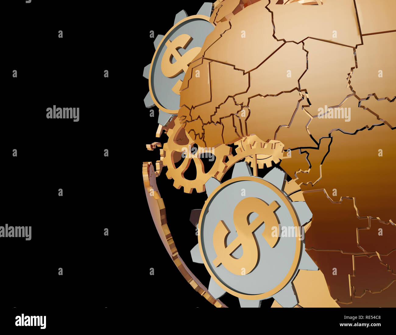 Technologie der Erde und Zahnräder, Global Financial Wealth, Währungssymbole, Dollar Stockfoto