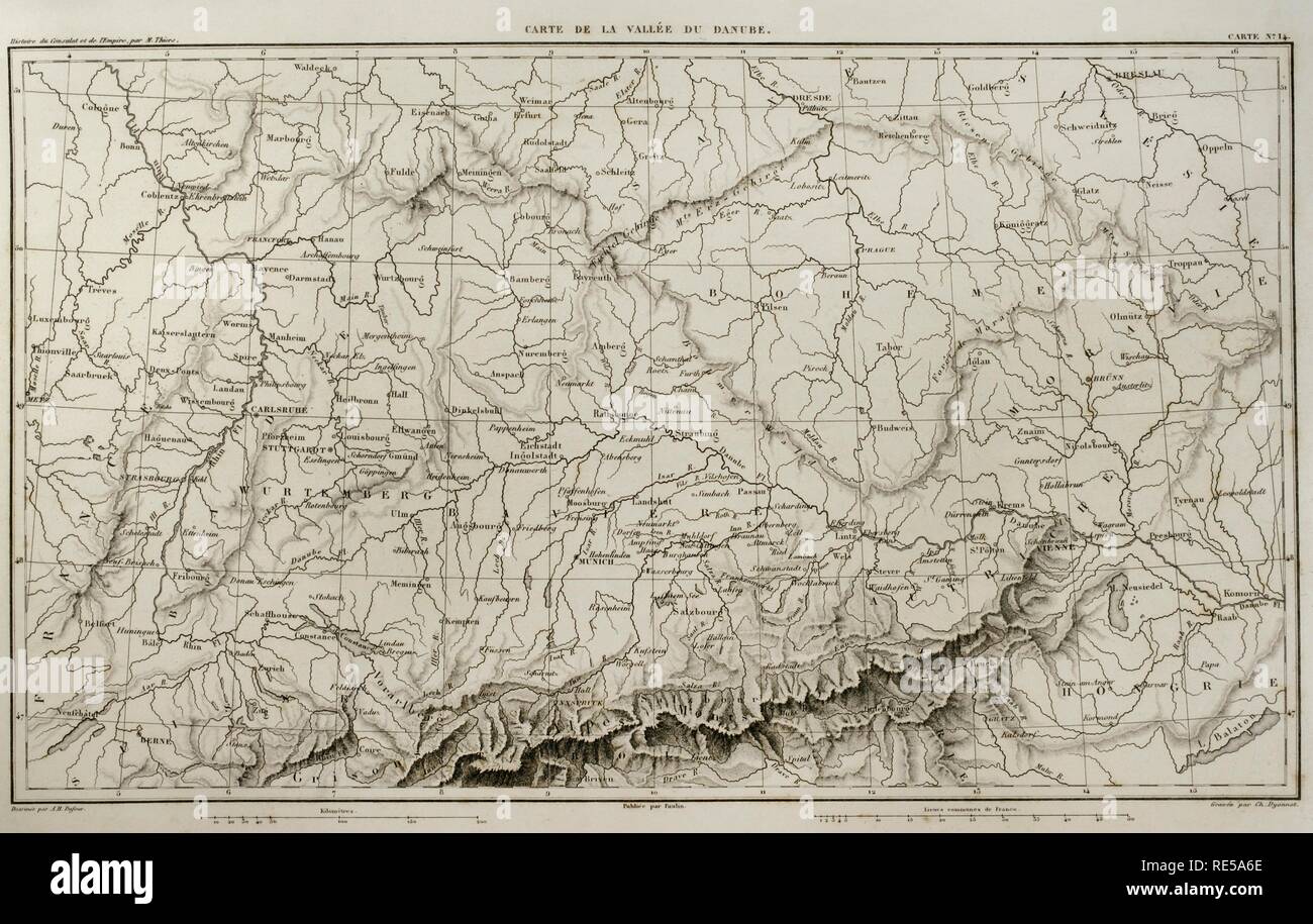 Napoleonischen Karte. Donautal. Atlas de l'Histoire du Consulat et de l'Empire. Geschichte des Konsulats und des Empire von Frankreich unter Napoleon von Marie Joseph Louis Adolphe Thiers (1797-1877). Zeichnungen von Dufour, Stiche von Dyonnet. In Paris, 1864 bearbeitet werden. Stockfoto