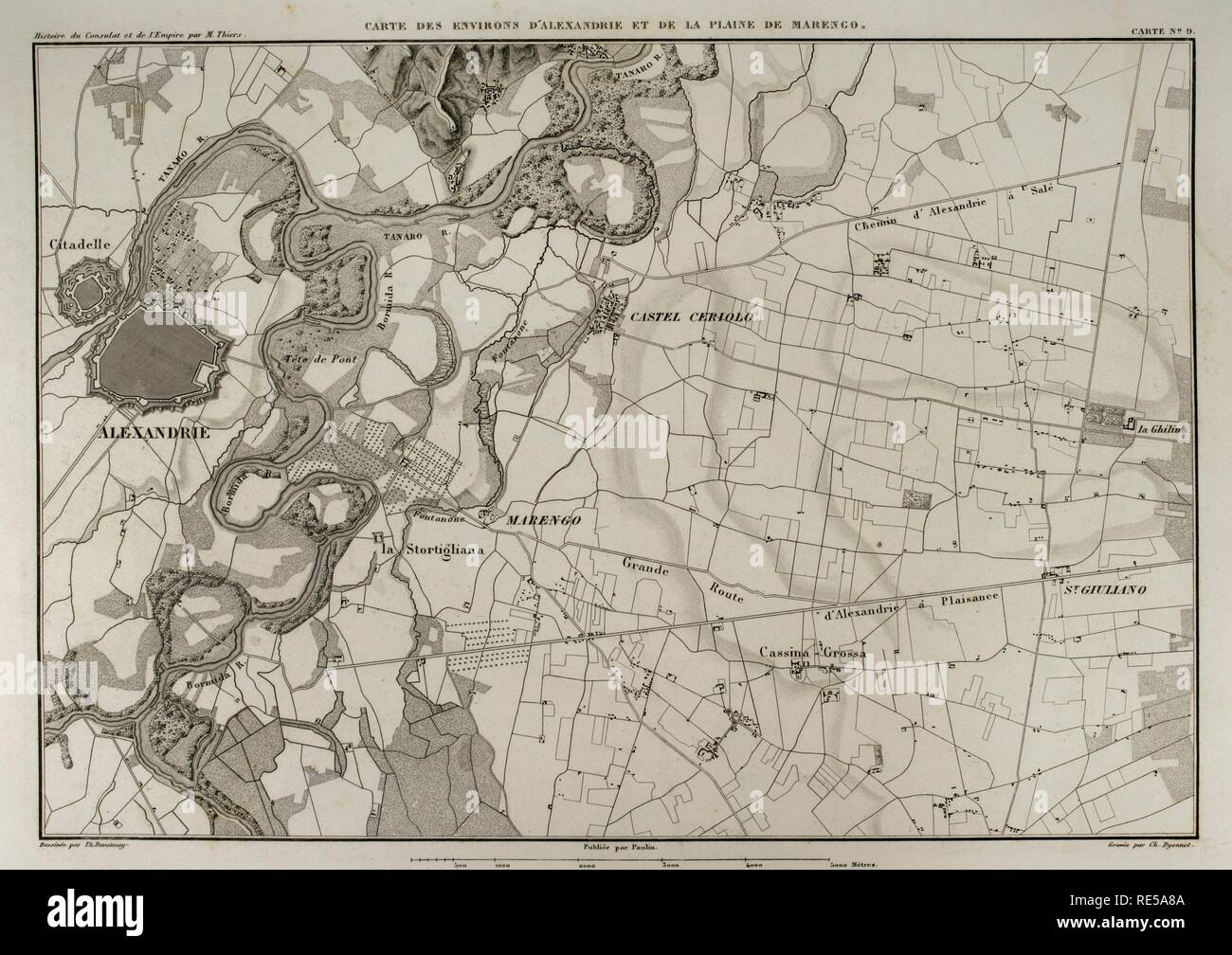 Karte von der Umgebung von Alessandria della Paglia und der Ebene von Marengo (italienische Piemont). In diesem Bereich fand die Schlacht von Marengo in 1800, während des Krieges von der Zweiten Koalition, zwischen französischen und österreichischen Truppen. Atlas de l'Histoire du Consulat et de l'Empire. Geschichte des Konsulats und des Empire von Frankreich unter Napoleon von Marie Joseph Louis Adolphe Thiers (1797-1877). Zeichnungen von Dufour, Stiche von Dyonnet. In Paris, 1864 bearbeitet werden. Stockfoto