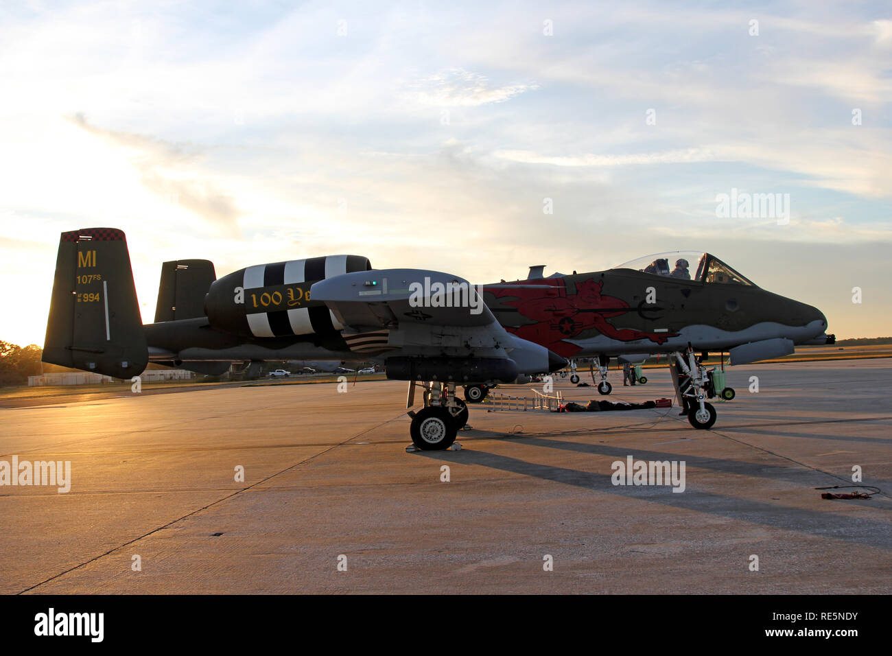 Eine A-10 Thunderbolt II Flugzeuge aus der 107 Fighter Squadron, 127 Flügel, Selfridge Air National Guard base aus Harrison Township, Michigan, erwartet das Rollen vor einem übungsflug bei Sonnenuntergang während der Übung Emerald Krieger 2019 an der MacDill Air Force Base in Tampa, Florida, am 18. Januar 2019. Übung Emerald Krieger ist ein US Special Operations Command - geförderte 2-Woche joint/combined taktische Übung entwickelt, realistische militärische Ausbildung in einem urbanen Umfeld zu bieten. (Air National Guard Foto von 1 Lt Cammy Alberts) Stockfoto