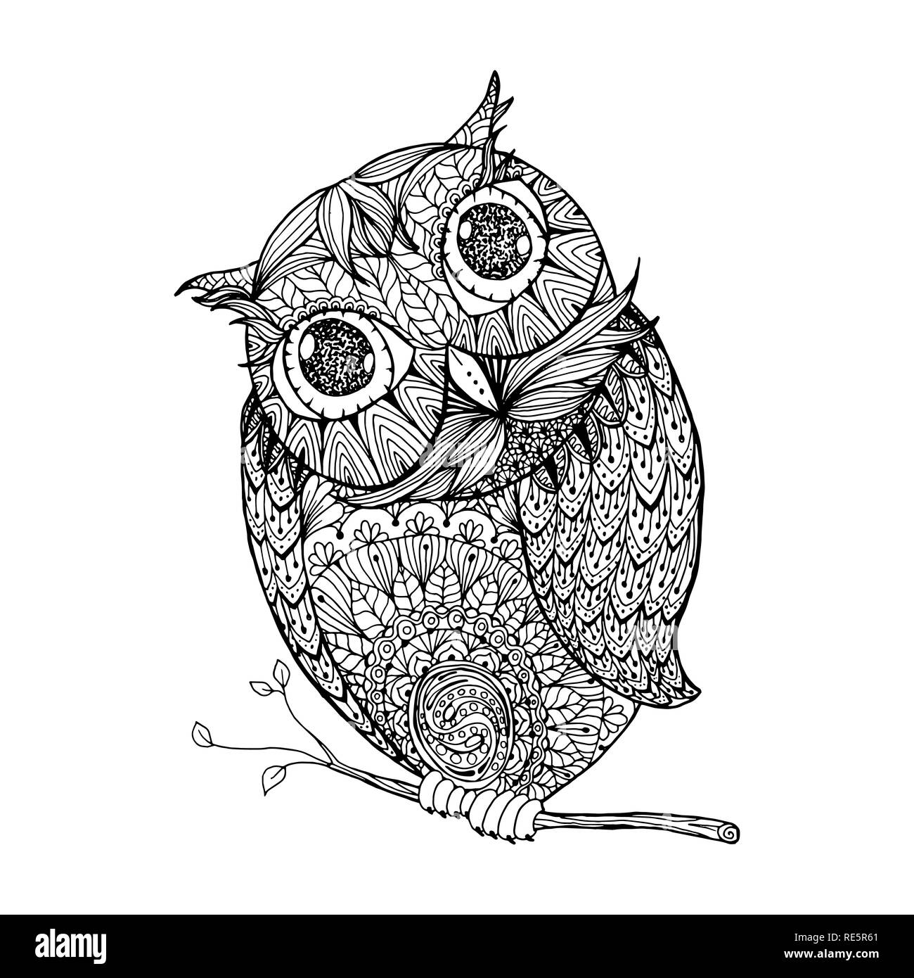 Zentangle stil Eule. Isolierte Abbildung mit ornanets füllen für Erwachsene Malbuch Seite Design, Antistress Tinte Zeichnung Stock Vektor