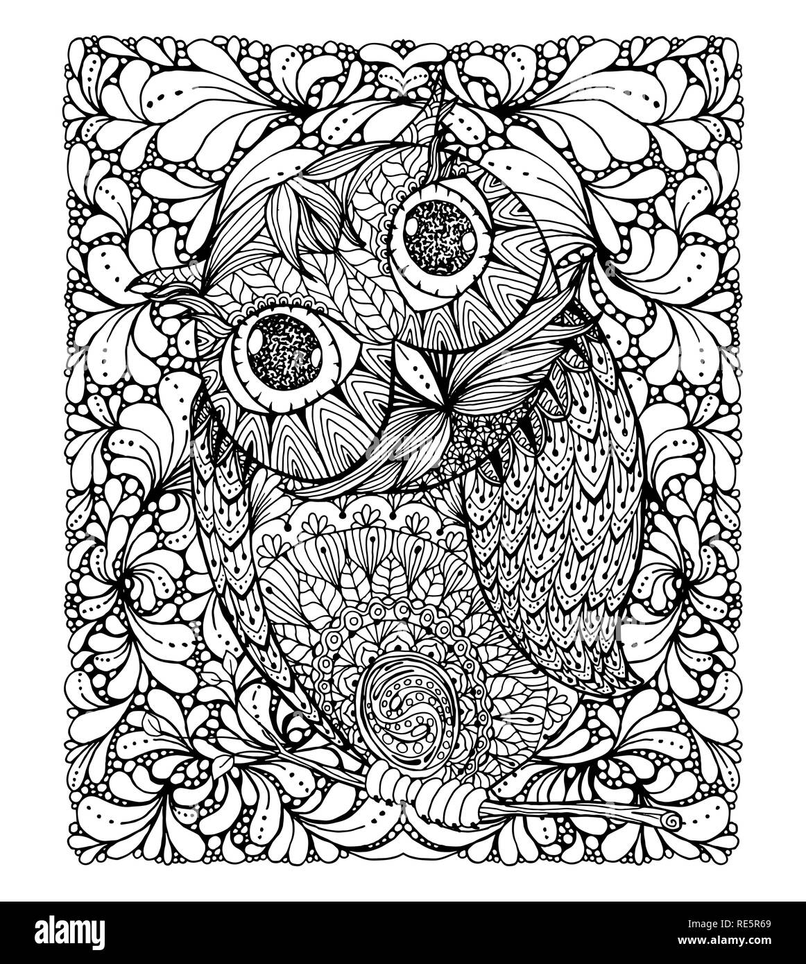 Zentangle stil Eule. Abbildung mit Hintergrund- und ornanets füllen für Erwachsene Malbuch Seite Design, Antistress Tinte Zeichnung Stock Vektor