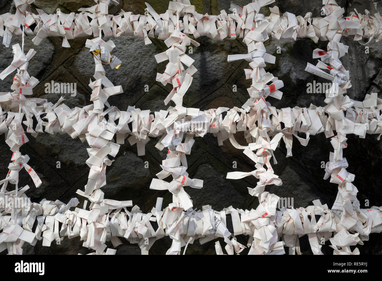 Kumamoto, Japan - November 13, 2018: Viele Omikuji, Wahrsagen Papier rutscht an der Kumamoto jo Inari Schrein Stockfoto
