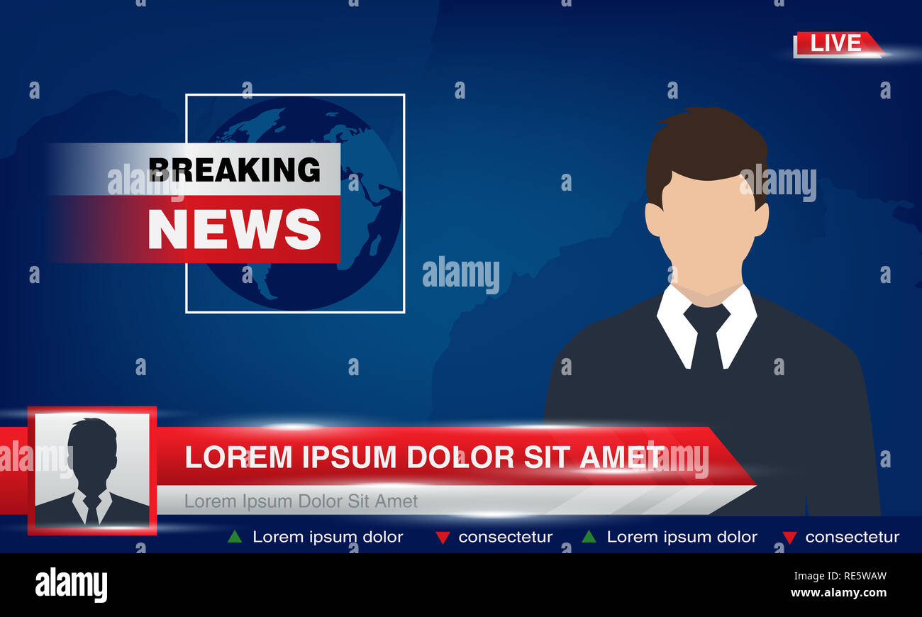 TV-News Studio mit Sender und Brechen der Welt Hintergrund Vector Illustration. Das Brechen von von Nachrichten im Fernsehen, Rundfunk- und Journalist Stockfoto