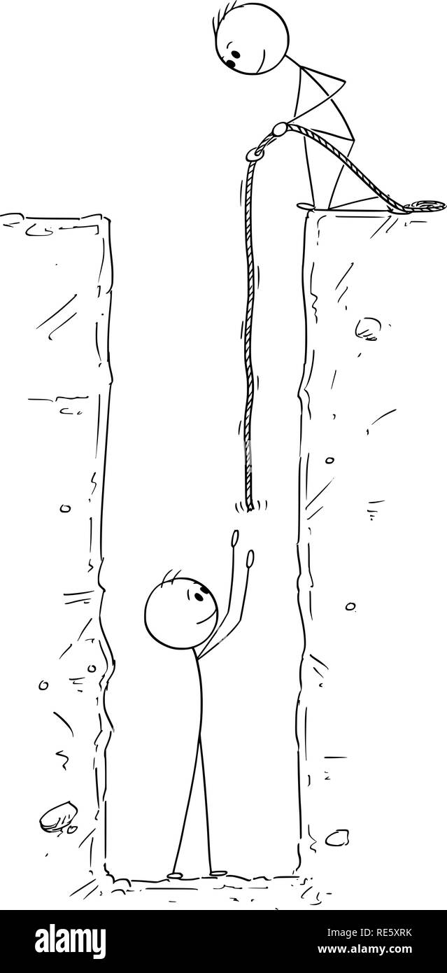 Cartoon von Mann oder Geschäftsmann Gefangen in tiefes Loch und gespeichert durch einen anderen Mann Stock Vektor