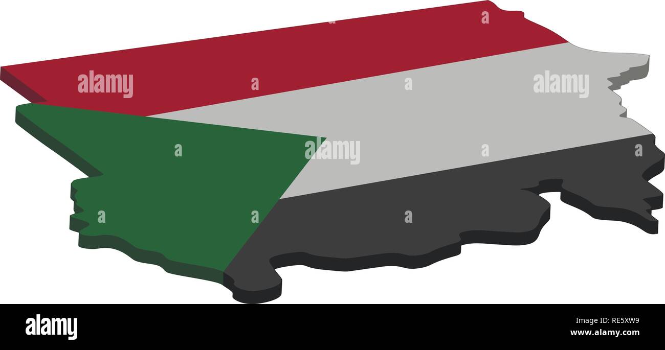 Flagge und Karte von Sudan. Farbe Silhouette der 3DKarte von Sudan