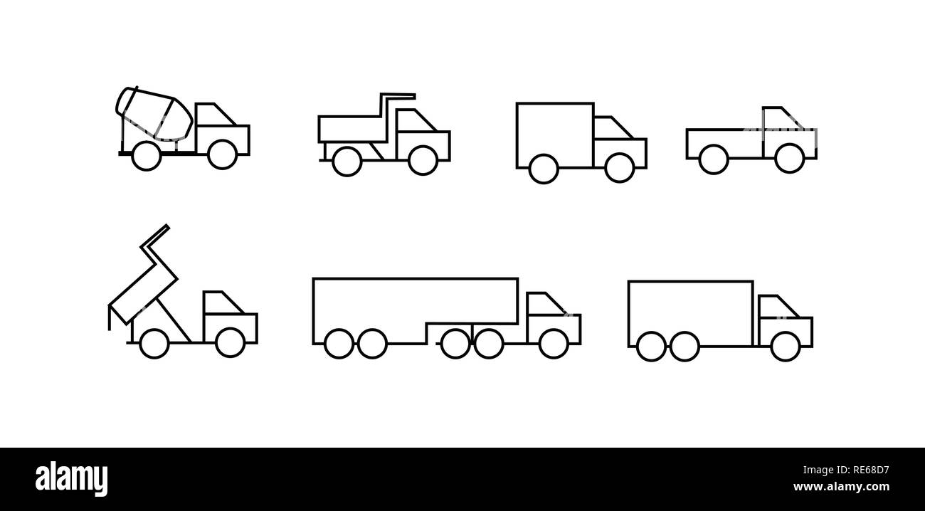 Satz von Kontur Bilder von Lkw und Sonderfahrzeuge Stock Vektor