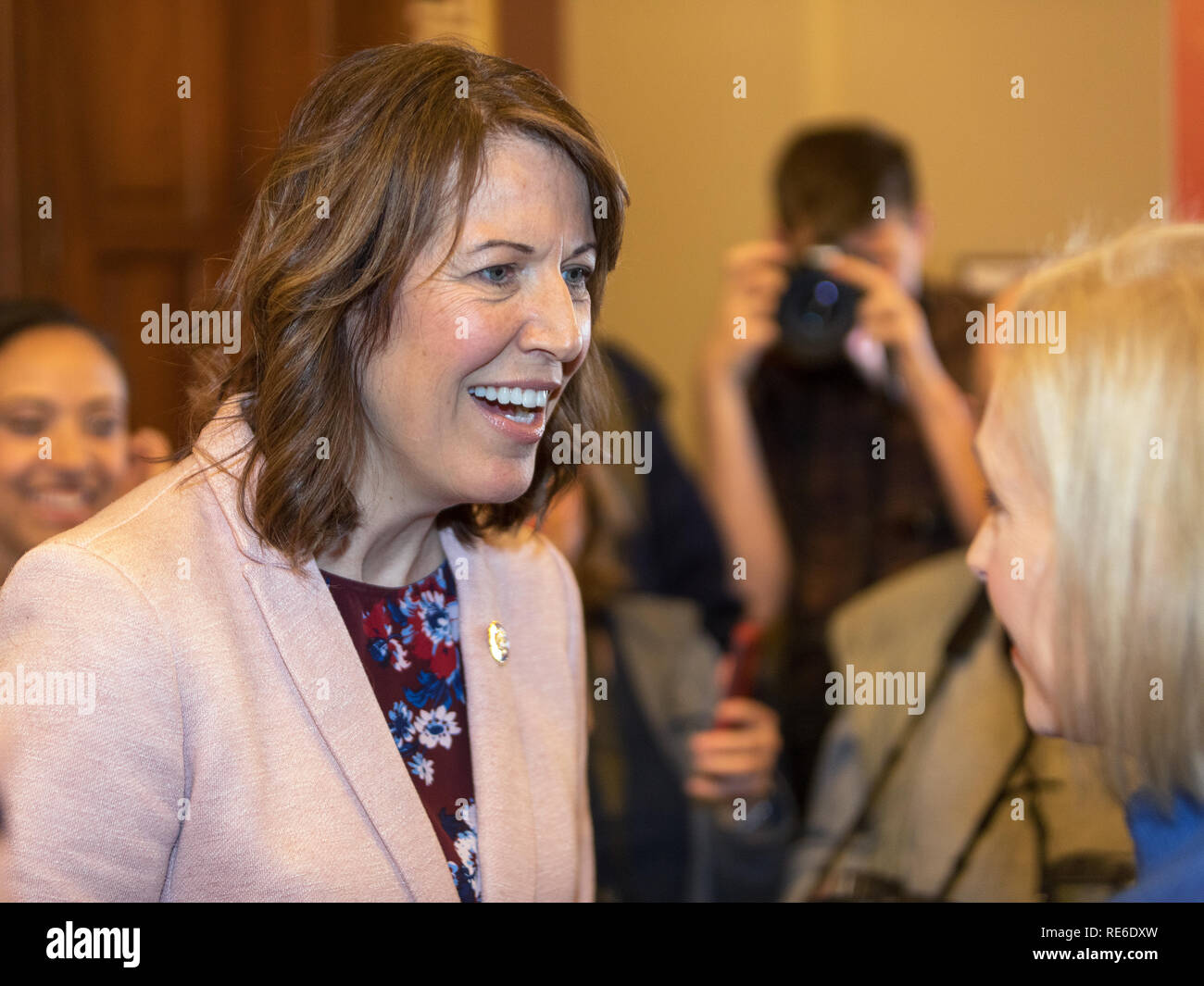 Des Moines, Iowa, USA. 19. Januar, 2019. Kongressabgeordnete Cindy Axene spricht am März der 3. jährlichen Frauen innerhalb des State Capitol in Des Moines am Samstag statt. Mehrere hundert Personen an der Veranstaltung teil. Credit: Keith Turrill/Alamy Live News Credit: Keith Turrill/Alamy leben Nachrichten Stockfoto