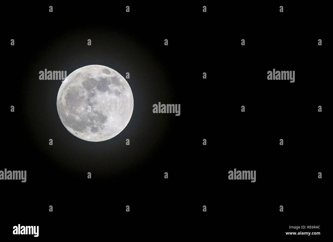 Lurgan, County Armagh, Nordirland. 20. Januar 2019. Erste Vollmond 2019 am Himmel über der Grafschaft Armagh. Die Super Blut Wolf Mond. Extrem helle am 19.12 GMT, der Mond wird Rot am frühen Montagmorgen, wenn eine totale Mondfinsternis auftritt. Quelle: David Hunter/Alamy Leben Nachrichten. Stockfoto