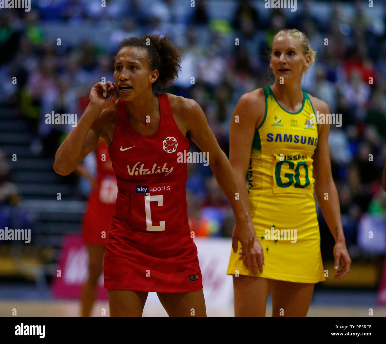 London, Großbritannien. Jan, 2019 20. Serena Guthrie von England Rosen während Netball Quad Serie Vitalität Netball Länderspiel zwischen England und Australien bei Kupfer, Arena am 20 Januar, 2019 in London, England. Credit: Aktion Foto Sport/Alamy leben Nachrichten Stockfoto