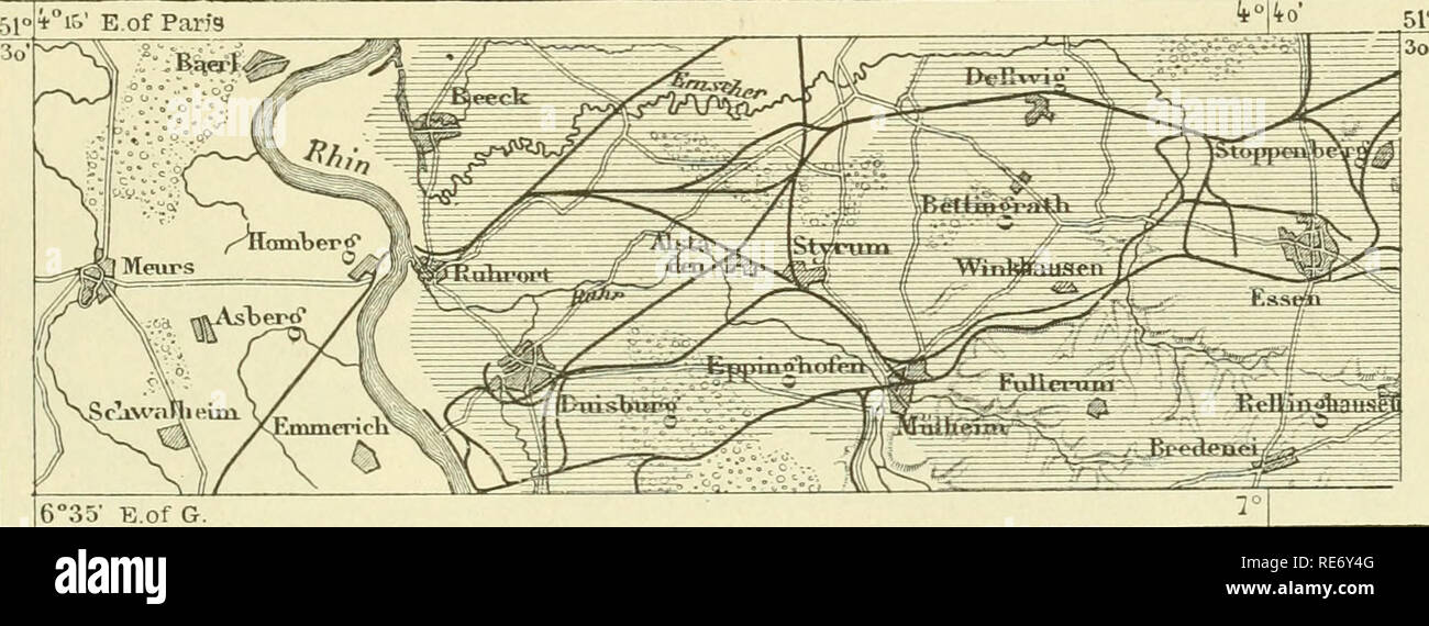 . Die Erde und ihre Bewohner... Geographie. Rheinpreußen. 213 Deutschland, aber es ist durch die kohlebecken der Fsme E, ubr, die wahre Lancashire von Preußen, wo Stadt drückt auf die Stadt, und das Netz der Eisenbahnen ist die meisten verwirrende übertroffen. Elherfeld (80,589 Einwohner) und Barkeeper (86,502 Einwohner) wurden kleine Dörfer vor einem Jahrhundert, aber jetzt für 5 Meilen entlang dem Tal der Wupper. Die Interessen der Bewohner sind fast ausschließlich in der Herstellung von Seide, Baumwolle und Bänder, in Werken und anderen gewerblichen Einrichtungen. Barkeeper exportiert auch pianofor Stockfoto