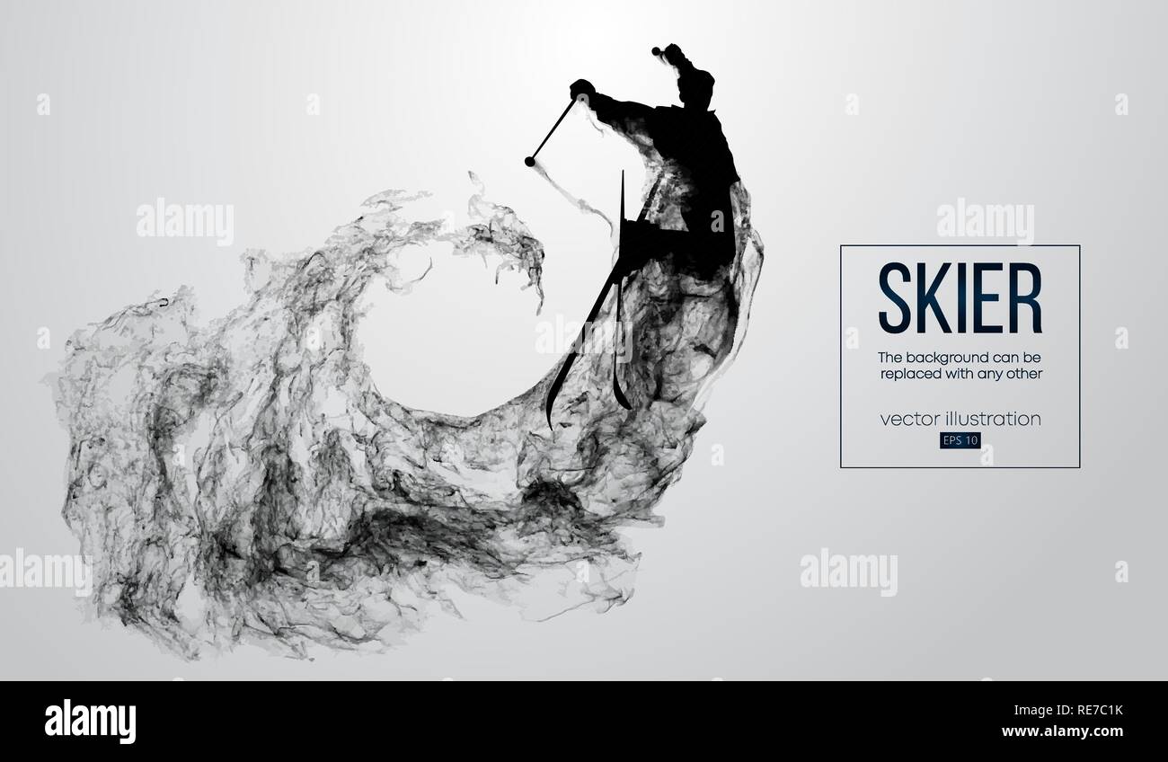 Abstrakte Silhouette eines Skifahrers isoliert auf weißem Hintergrund von Partikeln, Staub, Rauch, Dampf. Skifahrer springt und führt einen Trick. Hintergrund kann auf einen beliebigen anderen geändert werden. Vector Illustration Stock Vektor
