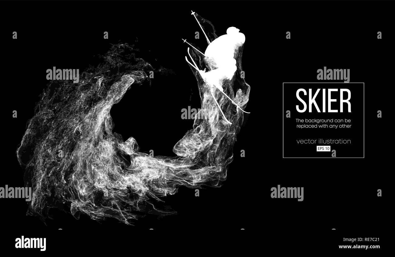 Abstrakte Silhouette eines Skifahrers isoliert auf dunklen, schwarzen Hintergrund von Partikeln, Staub, Rauch, Dampf. Skifahrer springt und führt einen Trick. Hintergrund kann auf einen beliebigen anderen geändert werden. Vector Illustration Stock Vektor