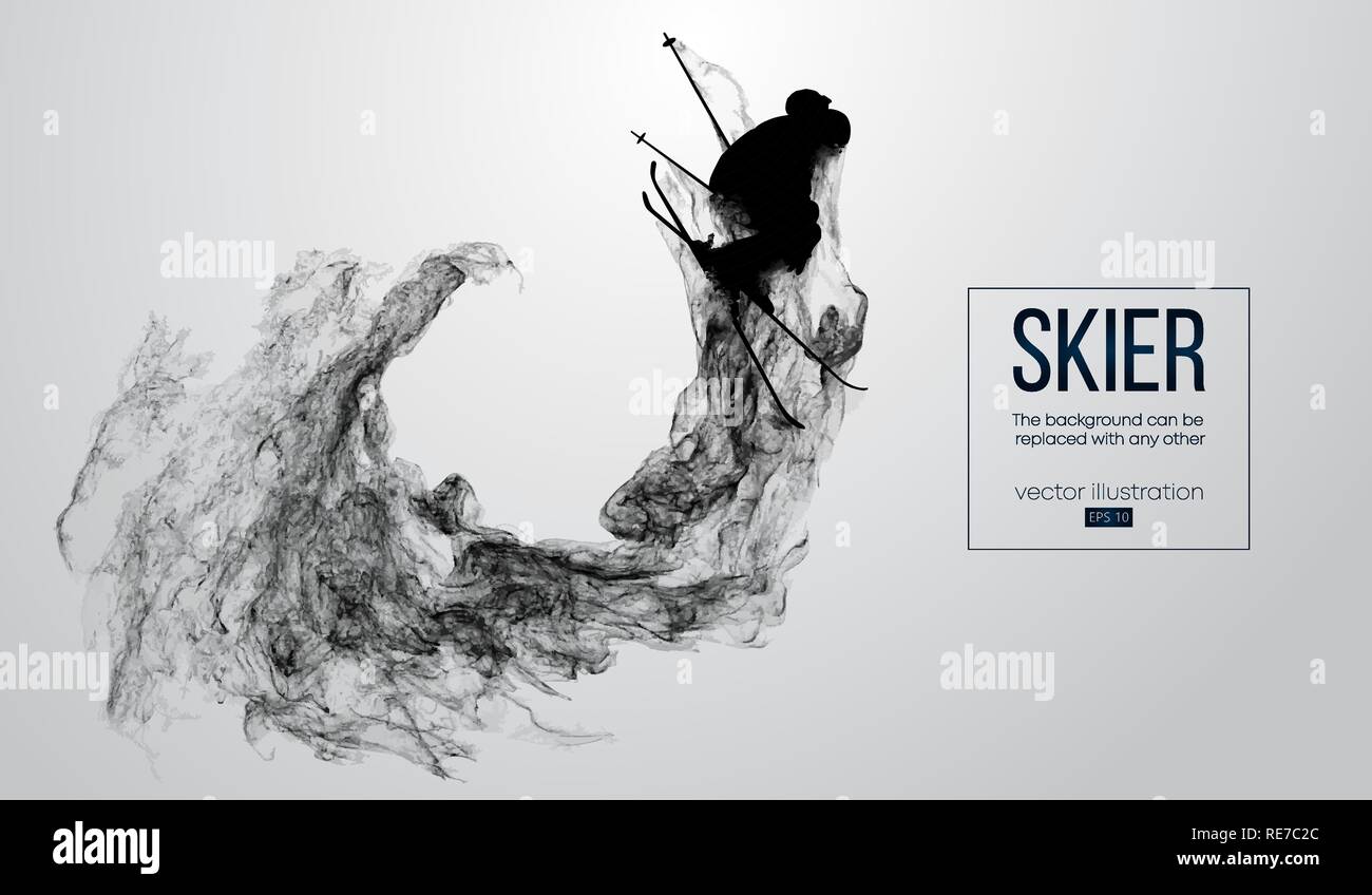 Abstrakte Silhouette eines Skifahrers isoliert auf weißem Hintergrund von Partikeln, Staub, Rauch, Dampf. Skifahrer springt und führt einen Trick. Hintergrund kann auf einen beliebigen anderen geändert werden. Vector Illustration Stock Vektor