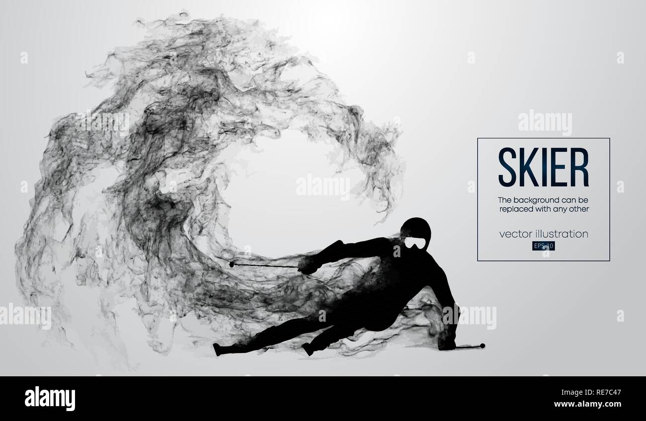 Abstrakte Silhouette eines Skifahrers isoliert auf weißem Hintergrund von Partikeln, Staub, Rauch, Dampf. Skifahrer, Carver und führt einen Trick. Hintergrund kann auf einen beliebigen anderen geändert werden. Vector Illustration Stock Vektor
