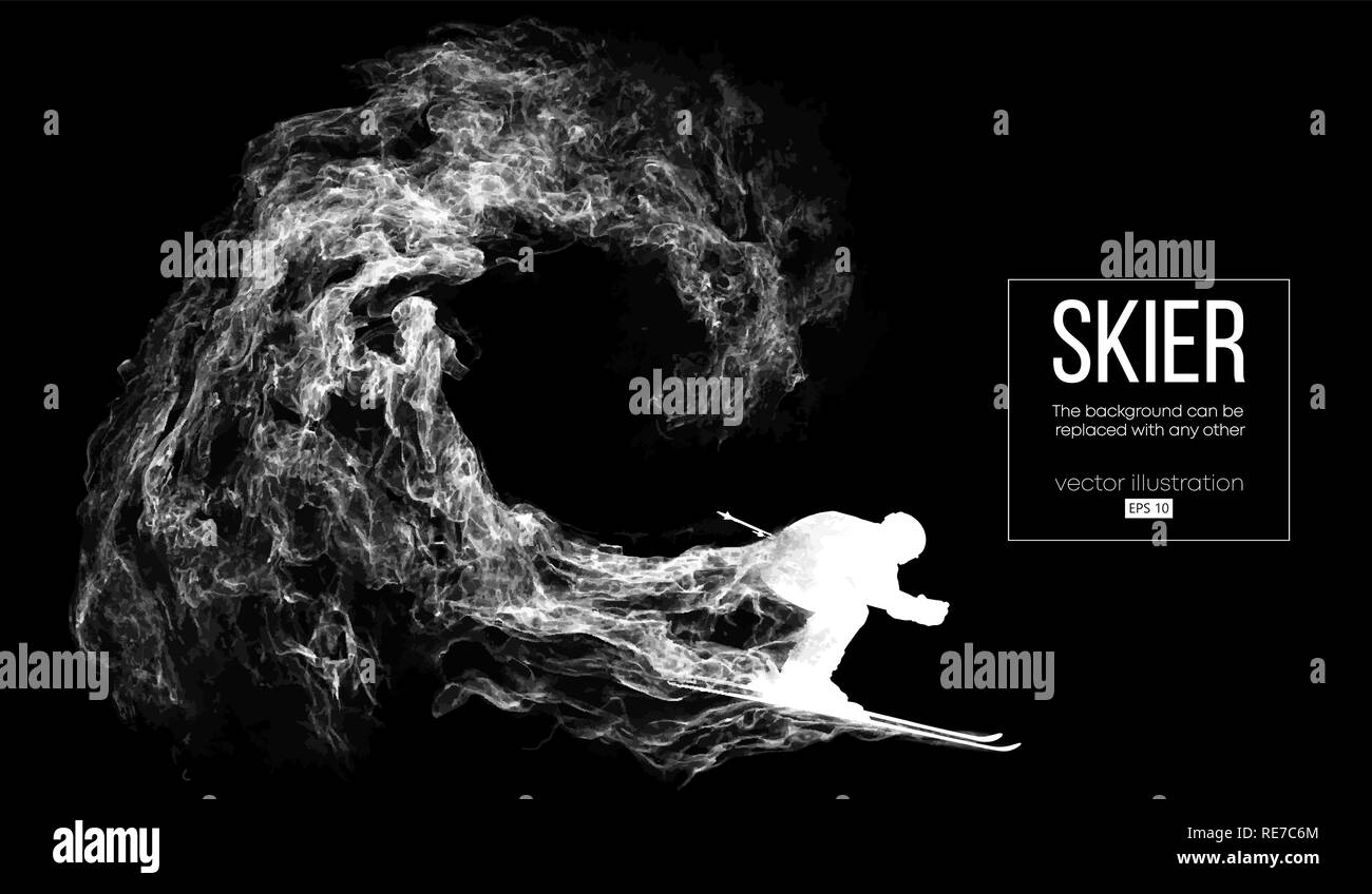 Abstrakte Silhouette der Skifahrer auf dunklen, schwarzen Hintergrund von Partikeln, Staub, Rauch, Dampf. Skifahrer, Carver und führt einen Trick. Hintergrund kann auf einen beliebigen anderen geändert werden. Vector Illustration Stock Vektor