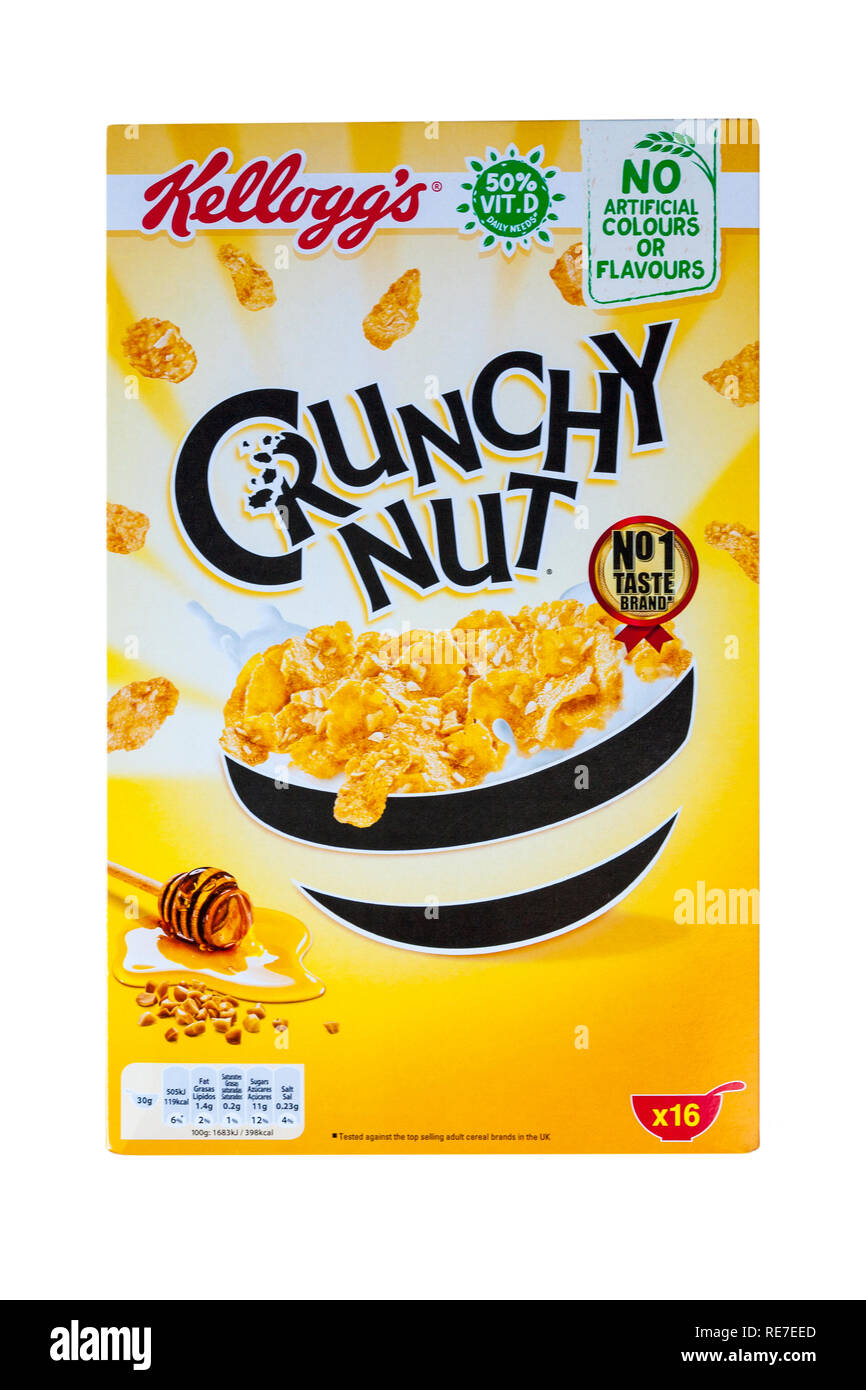 Schachtel Kelloggs Crunchy Nuss Müsli, Frühstückszerealien isoliert auf weißem Hintergrund, Honig & Nussflocken - Kellogg's Müsli Kellogg Müsli Stockfoto