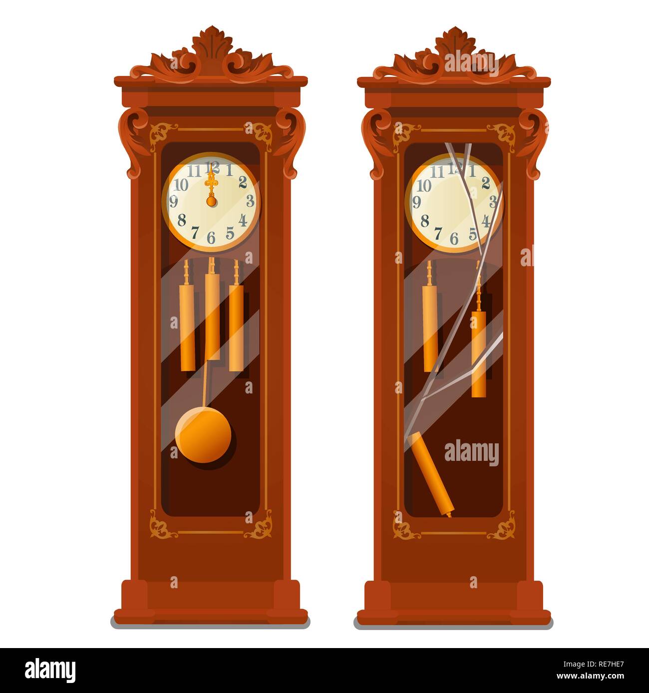 Antike Holzerne Standuhr Mit Glasscherben Auf Weissem Hintergrund Vektor Cartoon Close Up Abbildung Stock Vektorgrafik Alamy