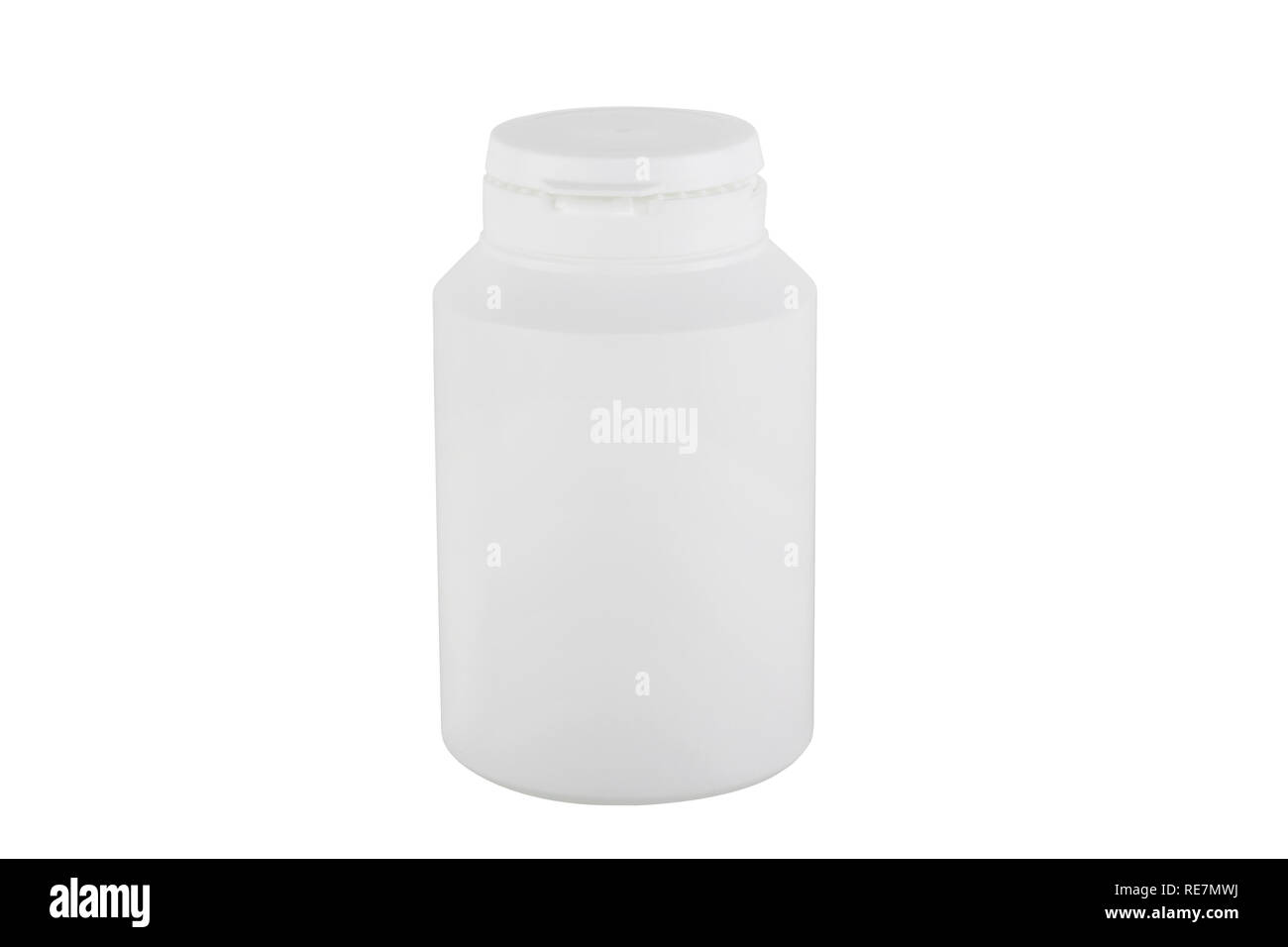 Geschlossen weiße Medizin Flasche auf weißem Hintergrund Stockfoto