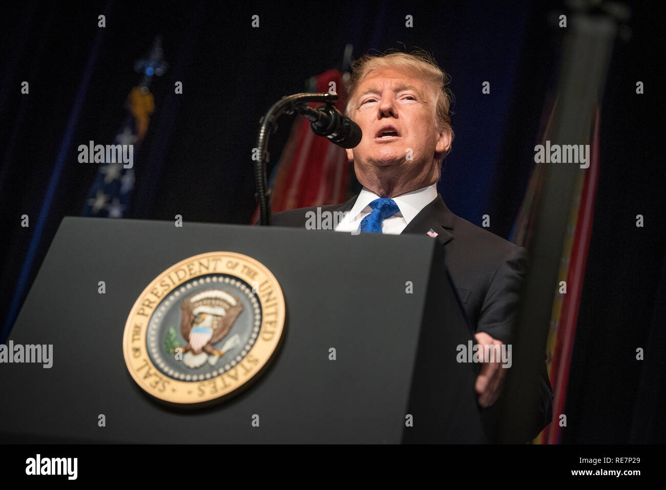 Us-Präsident Donald Trump liefert Erläuterungen zu seinem neuen amerikanischen Raketenabwehr Lehre im Pentagon Januar 17, 2019 in Washington, DC. Stockfoto