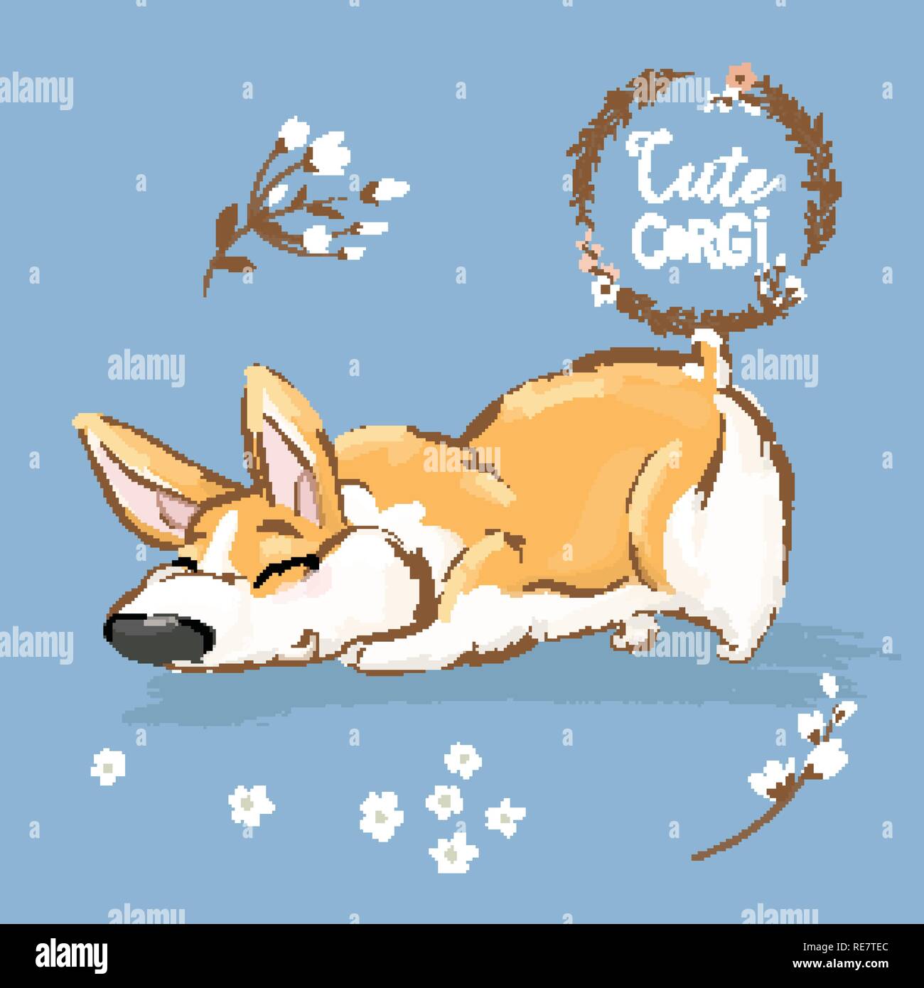 Cute Corgi Hund Welpen schnüffeln Vector Illustration. Lustige Fuchs Pet Charakter Blume Poster. Super glücklich Braun Doggy Serie isoliert auf blauem Hintergrund Flachbild Cartoon drucken Banner. Stock Vektor