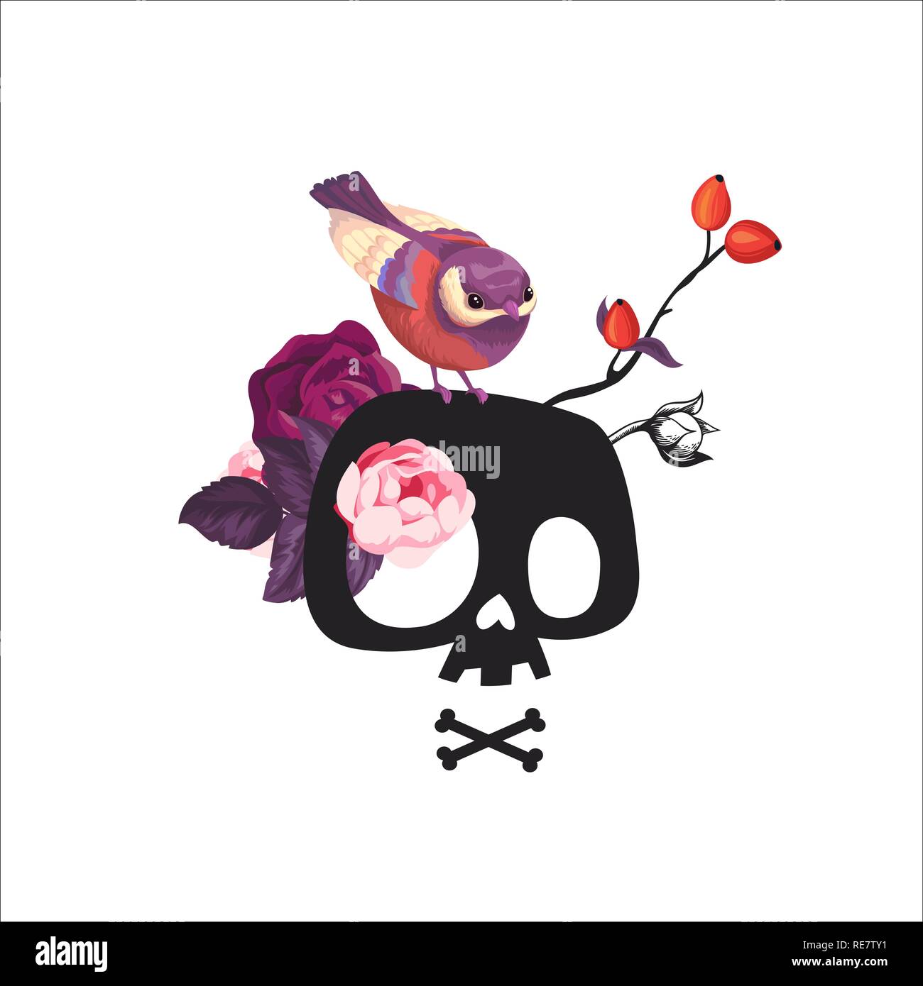 Cartoon Totenkopf mit rose Blumen und kleine Vogel sitzen, eingerichtet. Stilisierte Schädel, ein T-Shirt drucken, Schädel, Teenager drucken Kunst, Card Design. Vector Illustration. Isoliert Stock Vektor