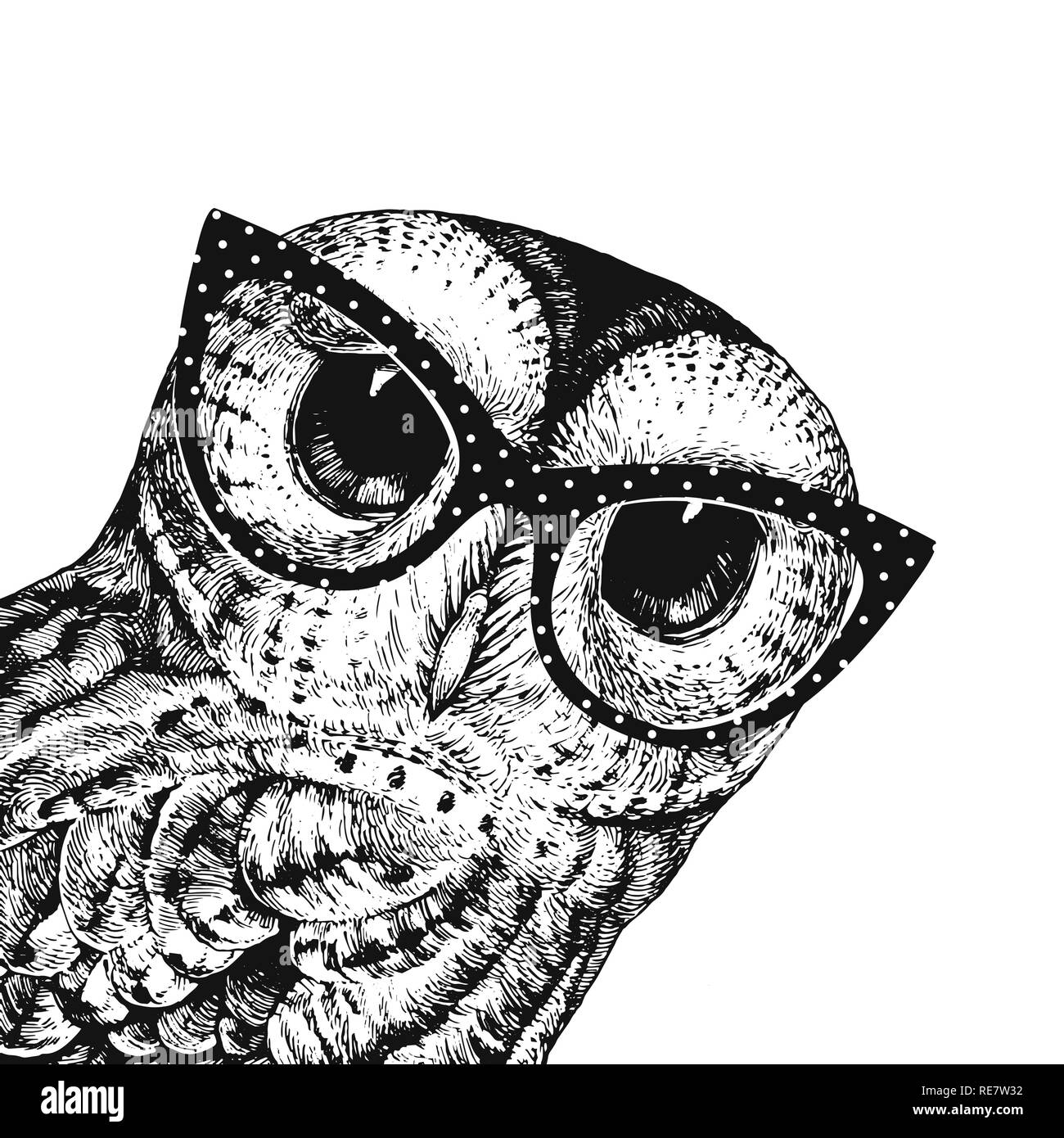 Cute Eule Abbildung Brille trägt. Vector Illustration der Baby Eule Schwarz auf Weiß. Können für den t-shirt Druck verwendet werden, Kinder tragen Fashion Design, Babyduscheeinladung Karte Stock Vektor