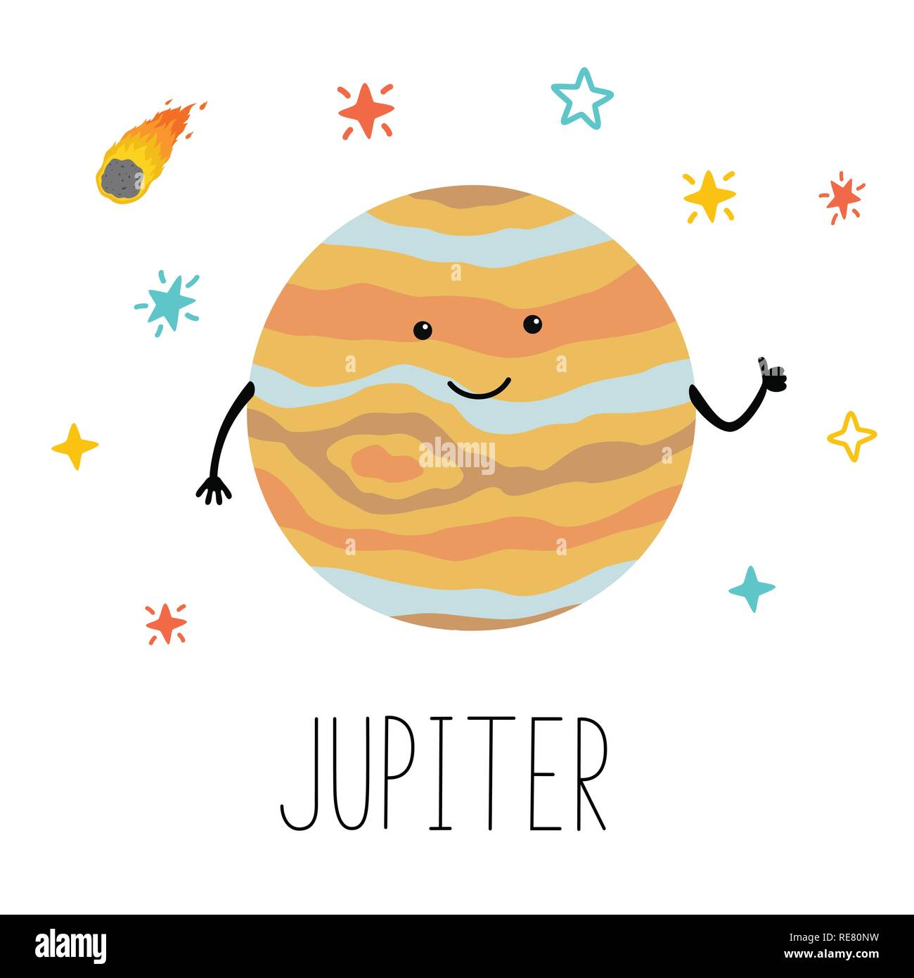 Vektor cartoon Lustige Abbildung des Planeten lächelt glücklich Jupiter im Cartoon Stil auf Space Star Sky. Poster für Kinder Zimmer, Bildung. Stock Vektor