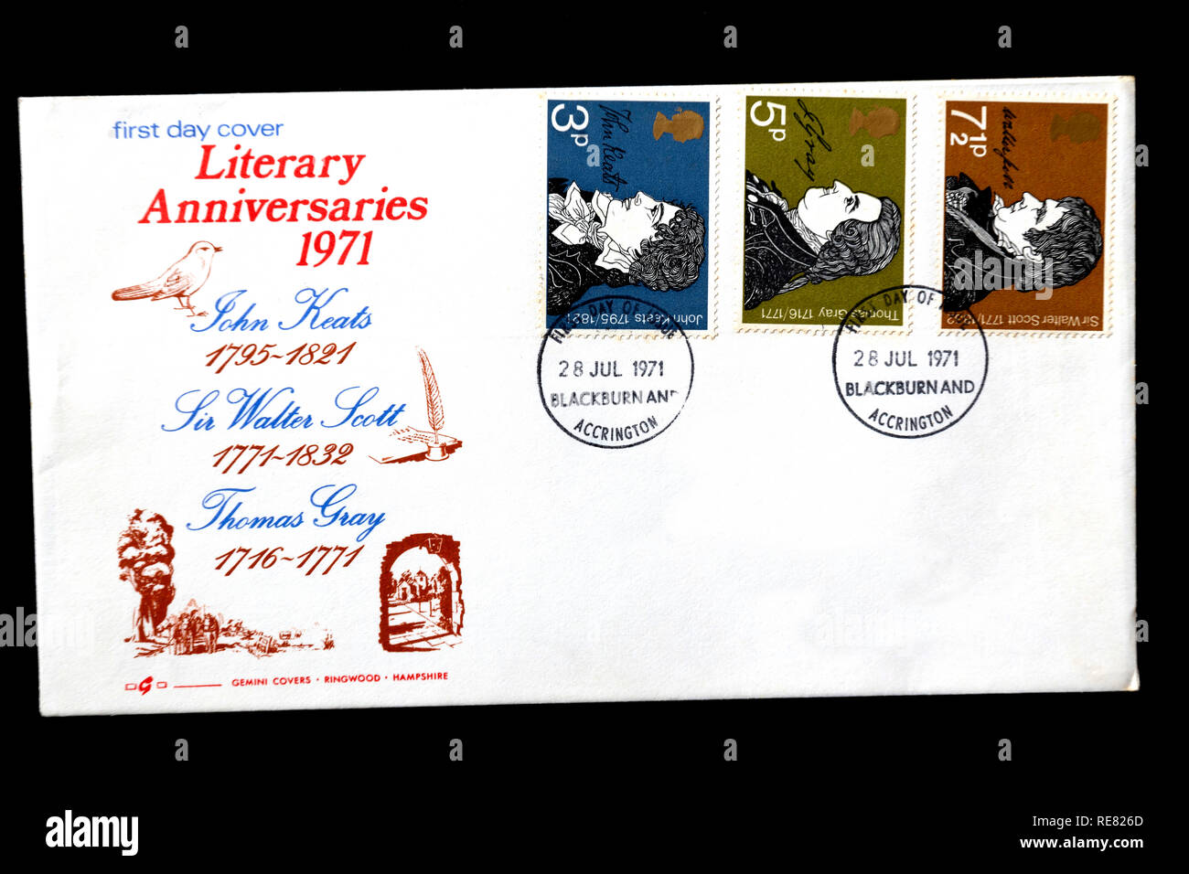 Literarische Jubiläen 1971, UK Ersttagsbrief. Stockfoto