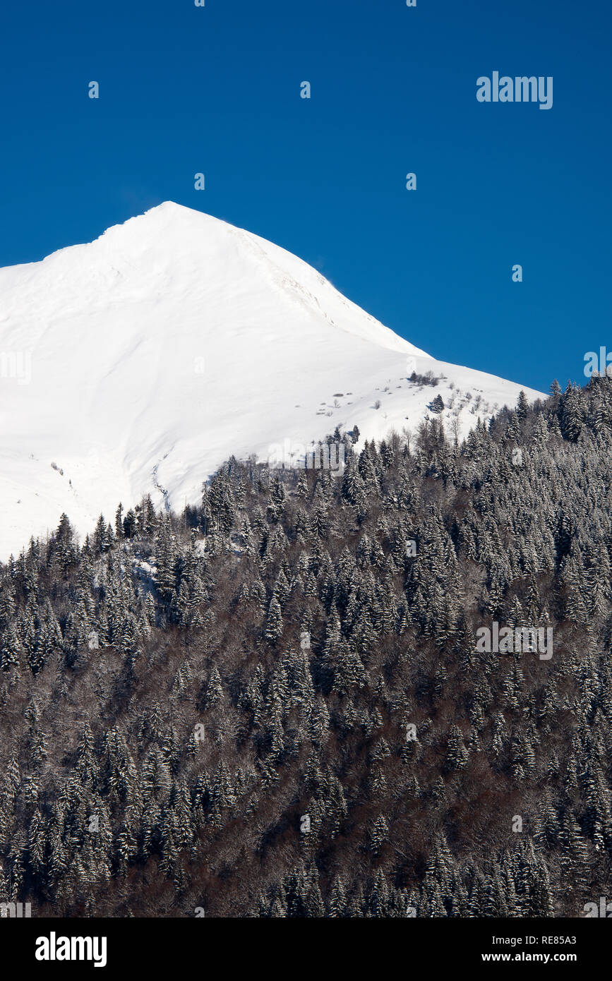 Die schneebedeckten Berg Pointe de Nantaux in der Nähe von Morzine in den Französischen Alpen Haute Savoie Portes du Soleil Frankreich Stockfoto