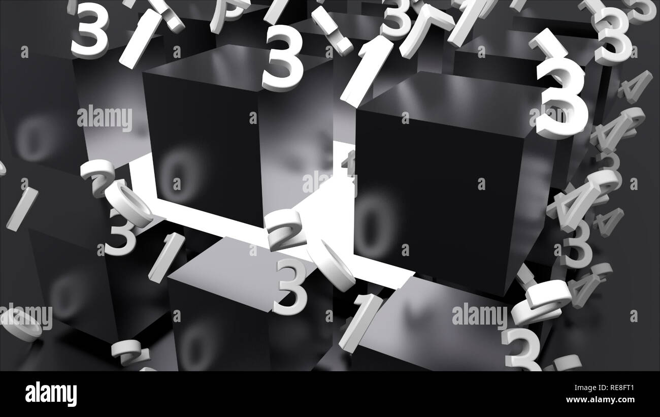 Viele glänzende Metall, Würfel und chaotischen Zahlen, Computer generierten modernen abstrakten Hintergrund, 3D-Rendering Stockfoto