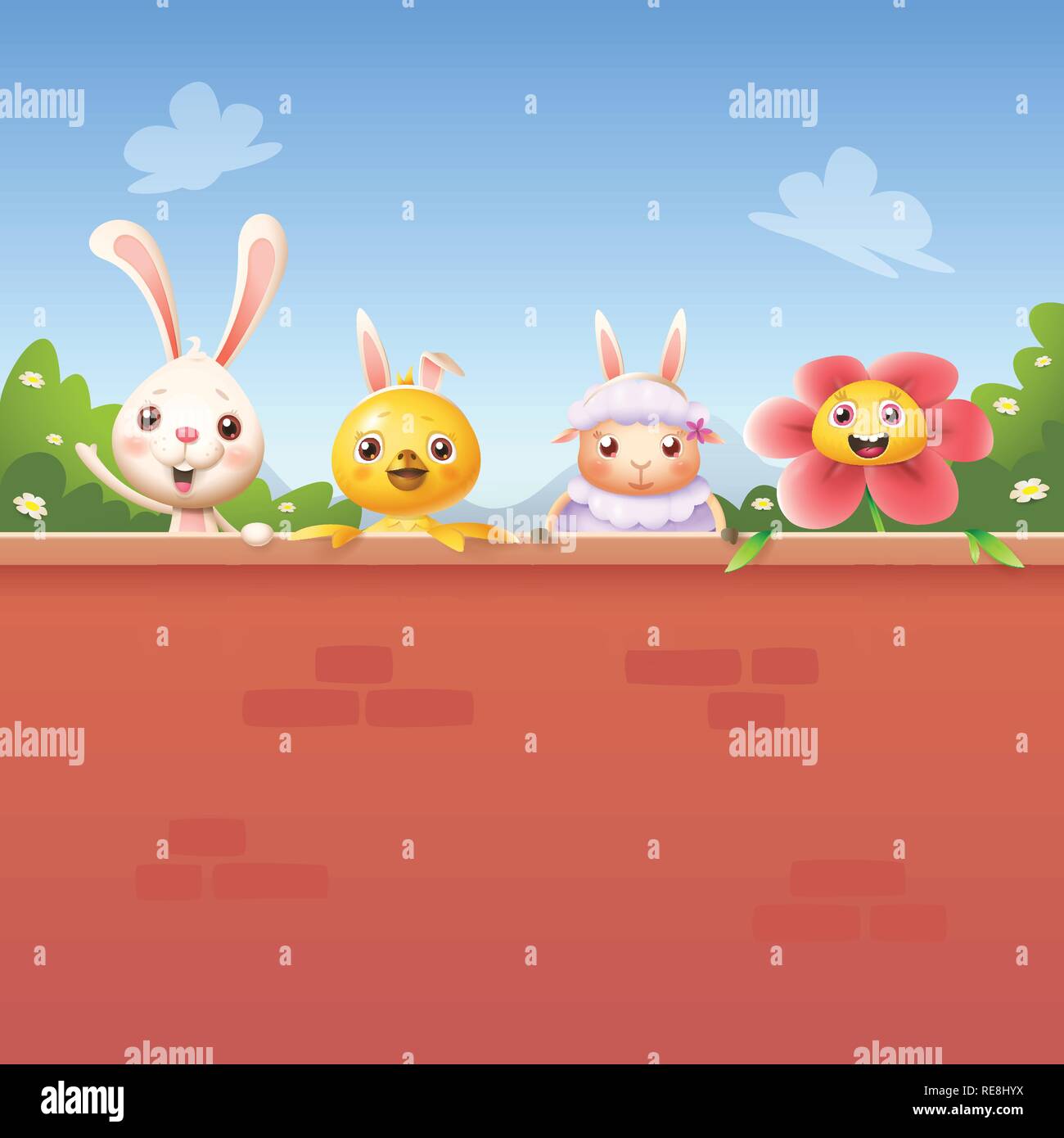 Gerne Freunde feiern Ostern hinter Wand - Hase Huhn Schaf- und Blume Stock Vektor