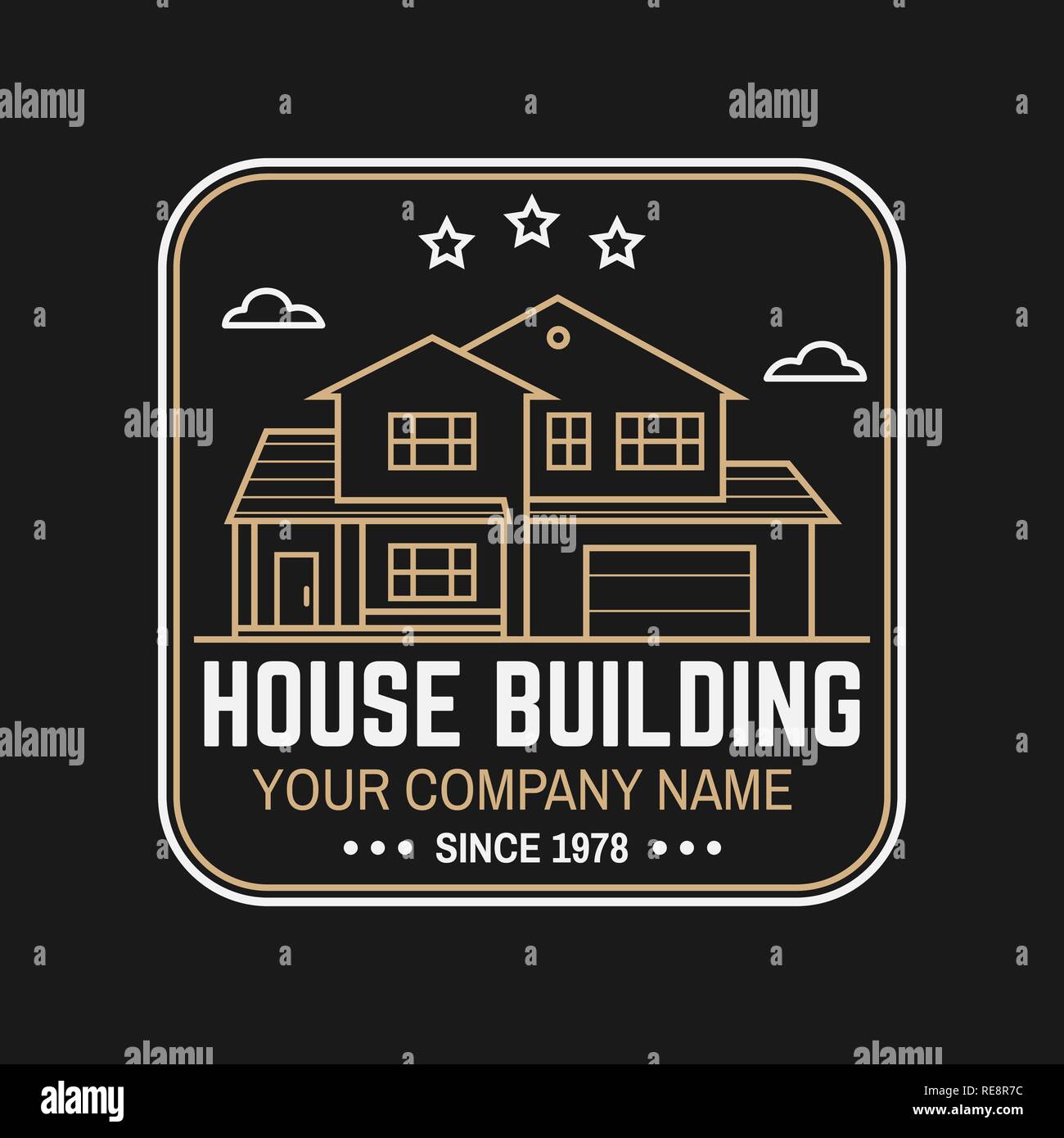 Haus Bau Unternehmen Identität mit Suburbanen amerikanischen Haus. Vector Illustration. Dünne Linie Symbol, Badge, Zeichen für Immobilien-, Gebäude- und Bauunternehmen. Stock Vektor