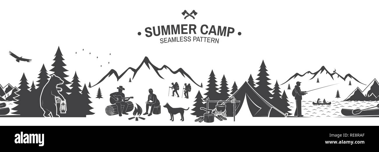 Sommer Camp nahtlose Muster. Vector Illustration. Outdoor Adventure Hintergrund für Tapeten oder Wrapper. Nahtlose Szene mit Bergen, Bär, Hund, Frau, Mann mit der Gitarre am Lagerfeuer sitzen. Stock Vektor