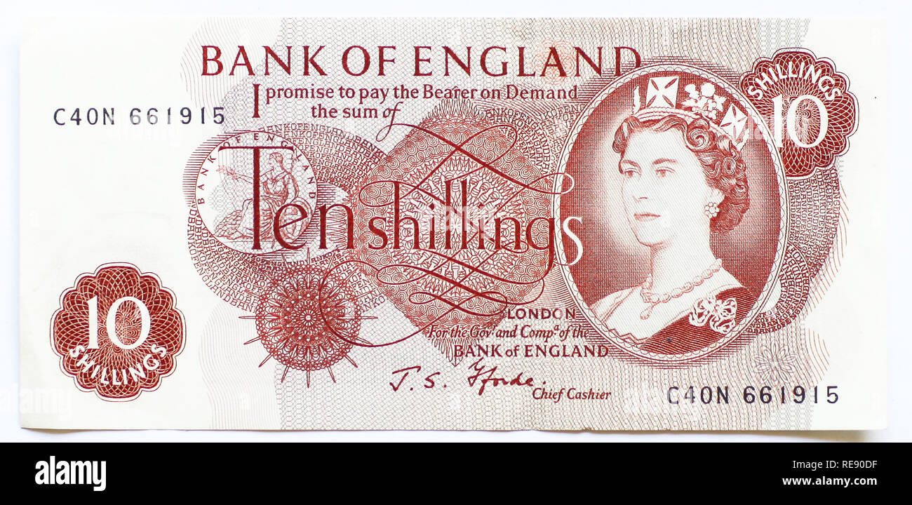 Zehn Schilling Hinweis von der Bank von England ausgestellt (nicht mehr im Umlauf). Stockfoto