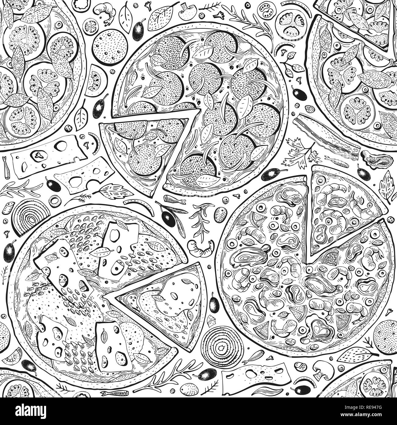 Vektor Italienische Pizza Nahtlose Muster Vintage Illustrationen Gezeichnet Italienisches Essen Design Hintergrund Konnen Sie Fur Menu Verpackung Adversiting Fur Caffe Restaurant Pizzeria Stock Vektorgrafik Alamy