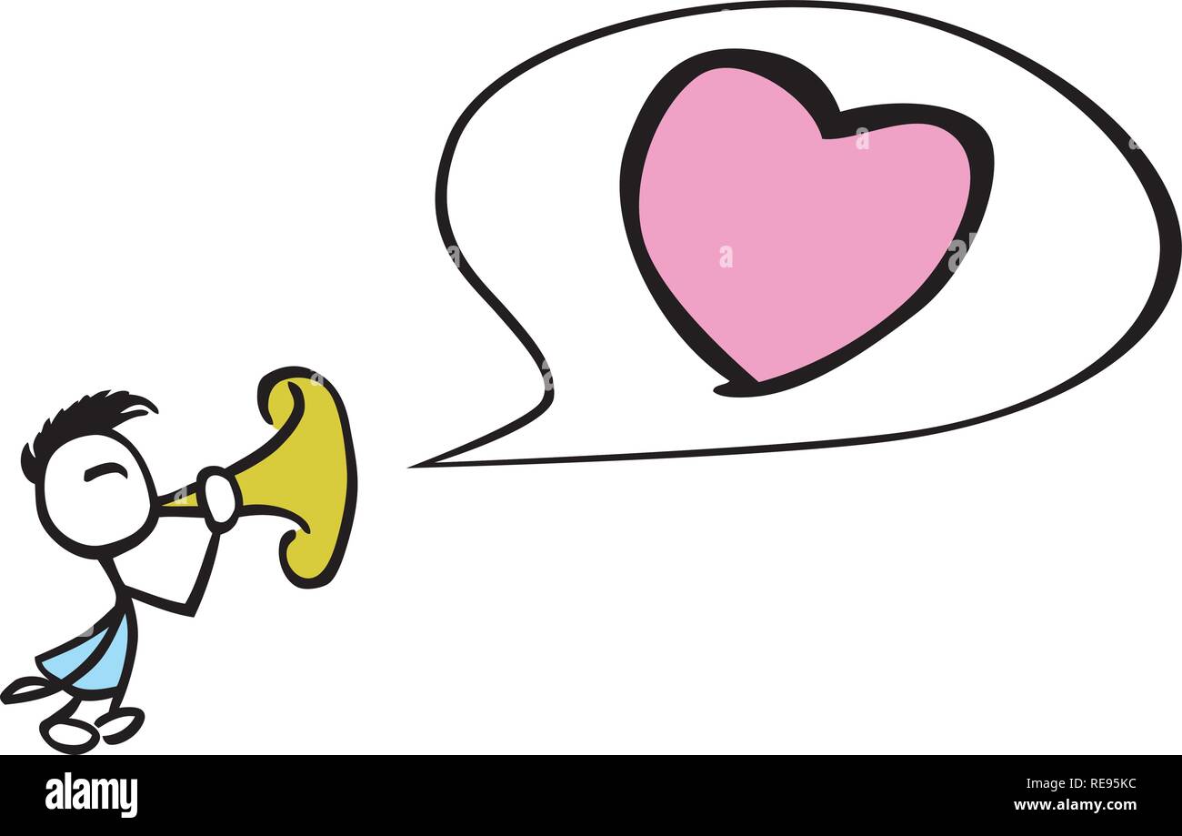 Mann, der ein grosses Herz in einer Sprechblase mit Trompete durch jziprian Stick Stock Vektor