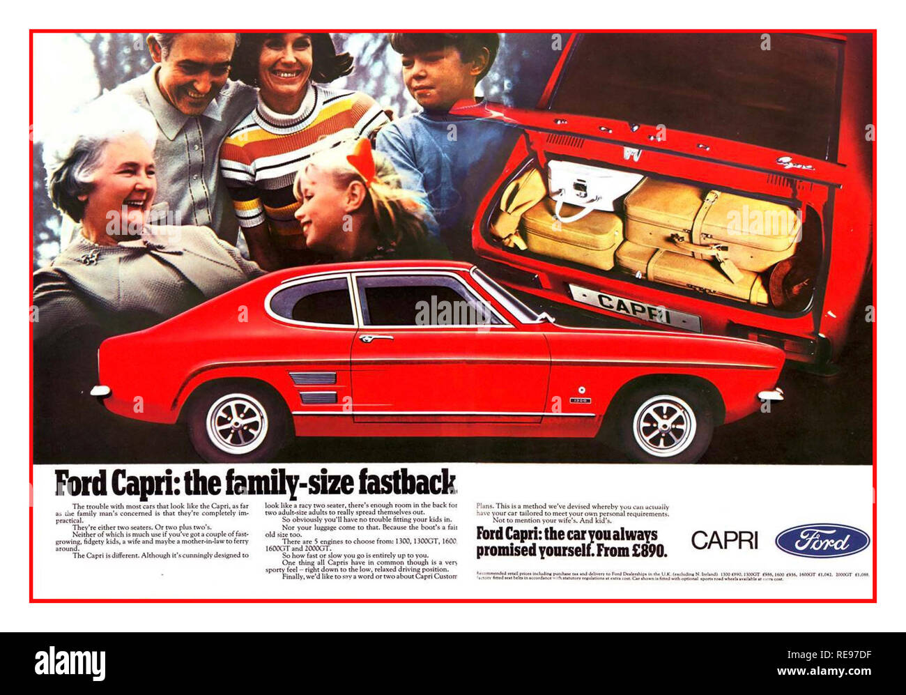 Archiv 1969 Presse Werbung für Ford Capri Mk1 "Das Auto, das Sie immer versprochen, sich sportlichen Familie Größe Fastback Stockfoto