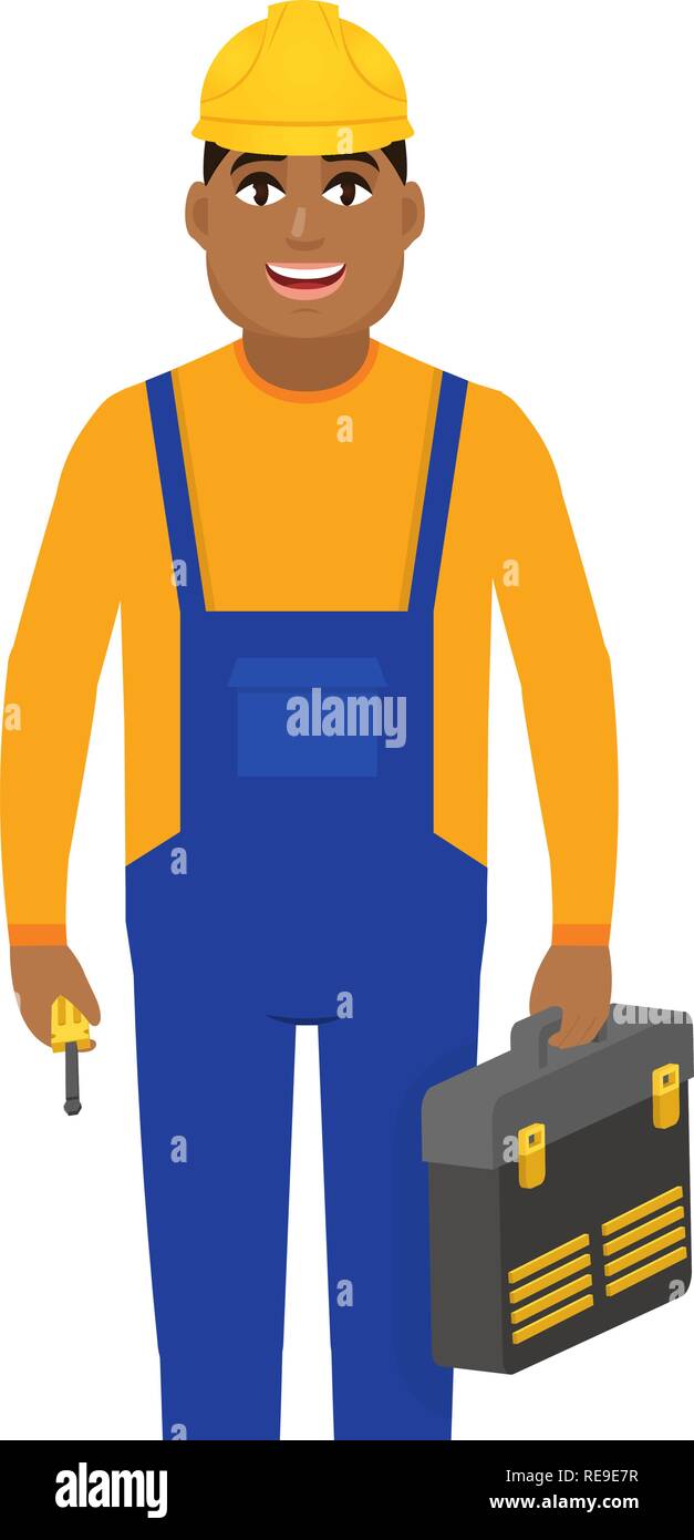 Männliche Builder in Berufsbekleidung und eine Konstruktion Helm bekleidet und hält Construction Tools, Charakter Flat Style Vector Illustration Stock Vektor