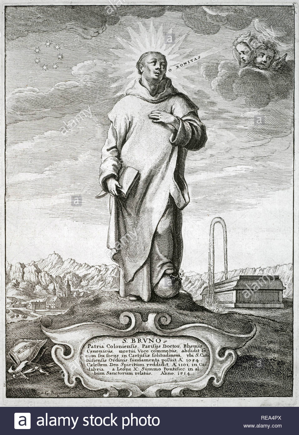 St. Bruno von Köln, 1030 - 1101, war der Gründer des Kartäuserordens, er persönlich gegründet erste zwei Gemeinschaften des Ordens, Radierung von Böhmische Kupferstecher Wenzel Hollar aus 1600s Stockfoto