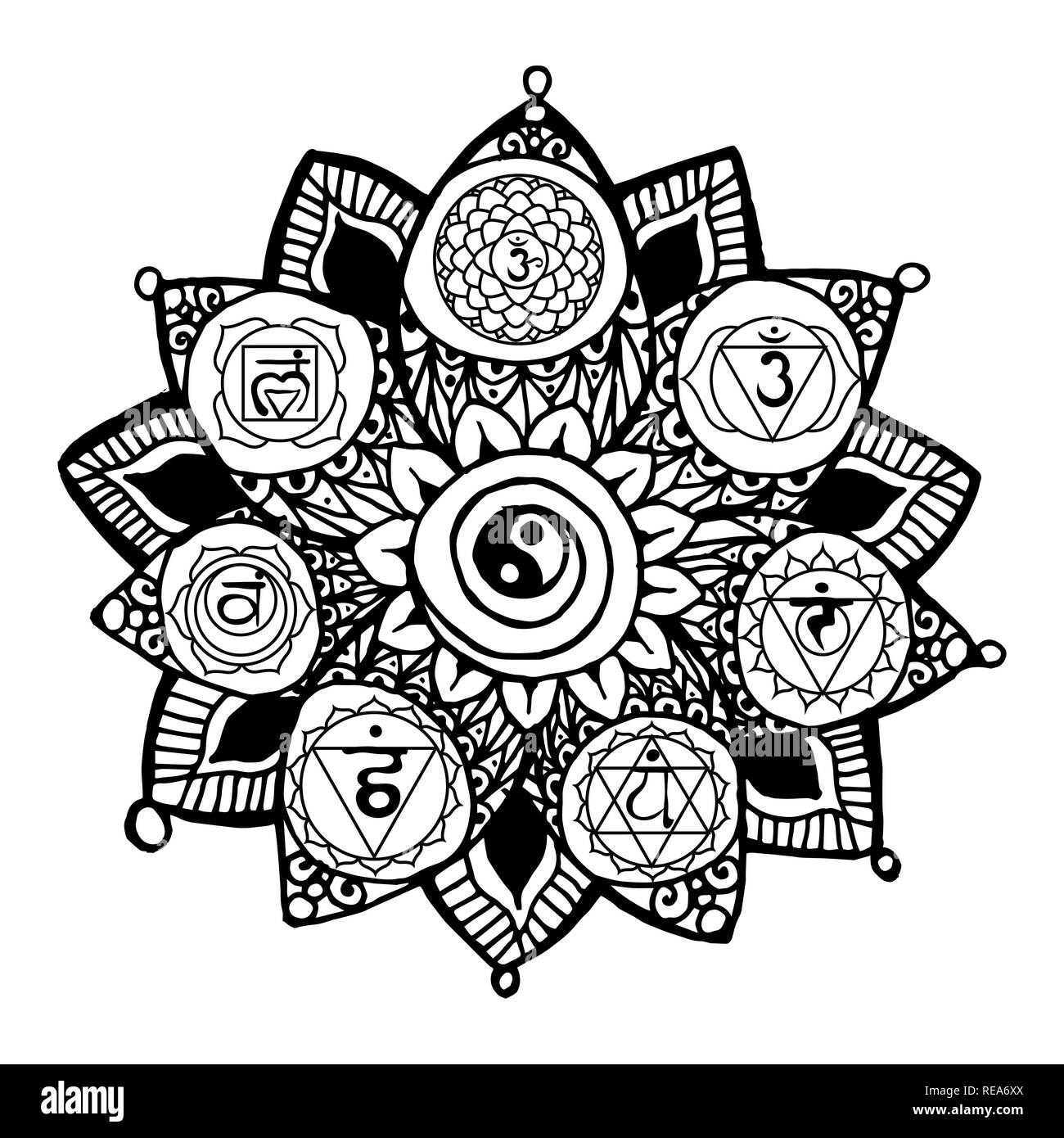 Doodle Stil einfarbig schwarz Line Art Lotus mit Yoga chakren Piktogramm und Hieroglyphen. Vektor Grafik für Print Design, nach Färbung Seite Vorlage Stock Vektor