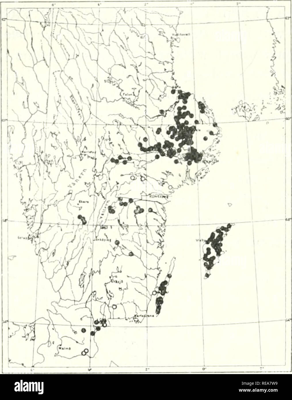 . Das kontinentale Element in der Flora von Süd Schweden. Botanik - - Schweden. 316 R I K A R D STERNE R. Abb. l: Die Tatsache, dass auf der Ebene der Arten verfügen über zahlreiche chemische und Operationslampen, Städte und Gemeinden. Über bestimmte Merkmale ihrer Verteilung auf den Ebenen, jedoch gibt es auch andere Ursachen. Die eine ist die höhere livie perceyi-Tage des Bodens in bestimmten Bezirken (siehe Abb. 4, S. 264). Wir finden die Steppe flora Die meisten ZAHLREICH an Orten, wo der Boden hat eine hohe Kalk Prozentsatz: Skane, Uppland, Teile von umfassenderen - Gotland und der ostergotland vertreten. In ausgedehnter - gotl Stockfoto