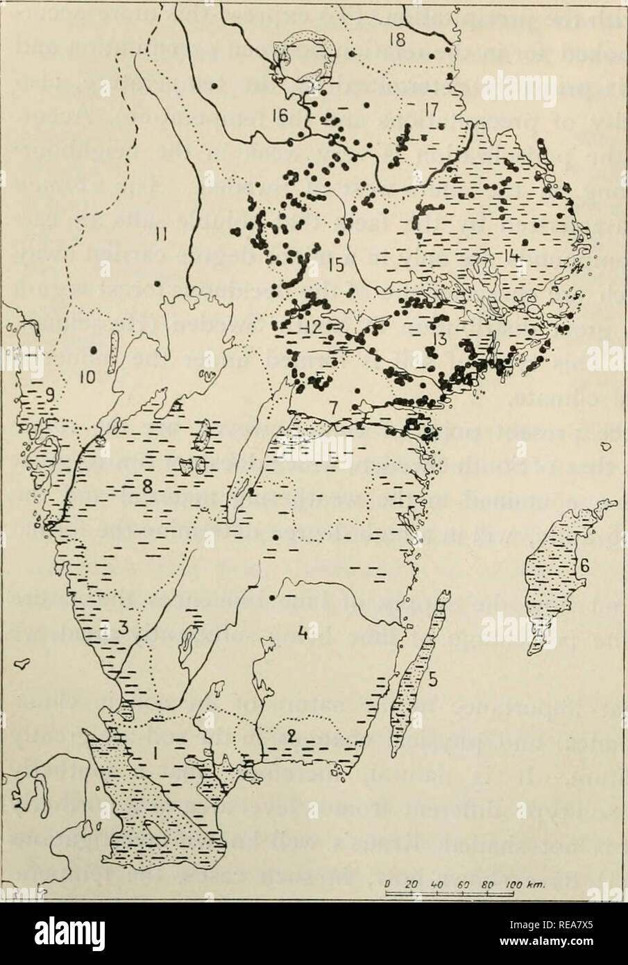 . Das kontinentale Element in der Flora von Süd Schweden. Pflanzen. 264 RIKARD STERNER. Abb. 4. Die Verteilung der Kalkfelsen und Boden in Südschweden (nach Flach, Sundbarg Juhlin-Dannfeldt, 1909). •: Auftreten verstehen von Archaean Kalkstein - Felsen; die feinen gepunkteten Bereiche markieren die post-Archaean Kalkgestein (silur Kalksteine, Kreide oder Kalkstein Schiefer), die Bereiche mit kurzen Linien zeigen die Verteilung der kalkhaltigen Ablagerungen mit einem Kalk Prozentsatz über 2,5 (Lehm, Moräne, os-Kies). Die Zahlen geben die Provinzen wie folgt: i, Skane, Blekinge; 2; 3; 4, Halland, SMA-Land; Stockfoto