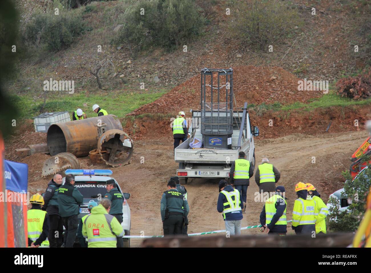 Januar 20, 2019 - 20. Januar (Totalan, Malaga) die Ankunft der Kabine der Hoffnung zu erholen Julen, in der gut in einer Höhe von 80 Meter Länge gefangen in der Stadt Totalan wo heute vor einer Woche er innen ist eingeschlossen. (Bild: © Lorenzo CarneroZUMA Draht) Stockfoto