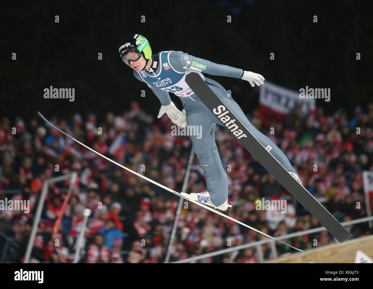 In Aktion während der einzelnen Wettbewerb der FIS Skisprung Weltcup in Zakopane gesehen. Stockfoto
