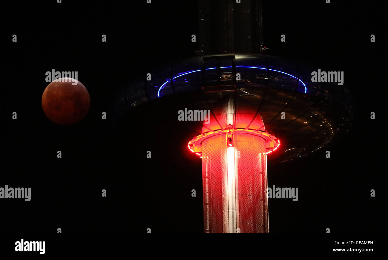 Brighton, UK. 21. Januar 2019 ein Super Blut wolf mond hinter der British Airways ich 360 Beobachtungsturm in Brighton gesehen während einer Mondfinsternis. Credit: James Boardman/Alamy leben Nachrichten Stockfoto