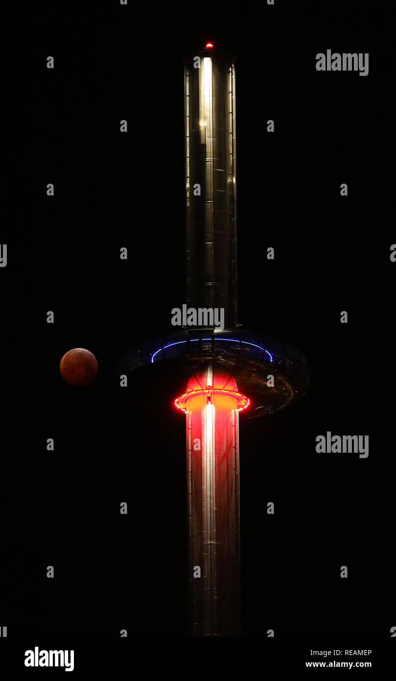 Brighton, UK. 21. Januar 2019 ein Super Blut wolf mond hinter der British Airways ich 360 Beobachtungsturm in Brighton gesehen während einer Mondfinsternis. Credit: James Boardman/Alamy leben Nachrichten Stockfoto