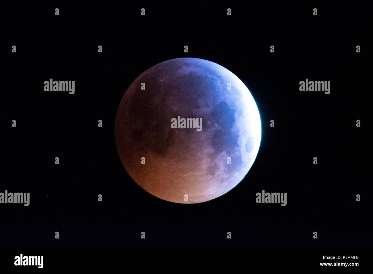 Superblut Wolf Moon am 21. Januar 2019. Mondfinsternis. Über Essex, Großbritannien. Der Schatten, den die Erde erschaffen hat, der den Mond verdunkelt Stockfoto